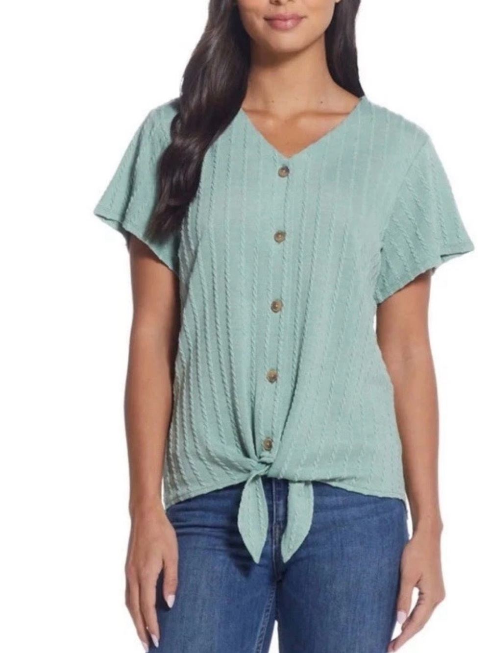Weatherproof Sage Green Button Front Tie-Hem V-Neck Braided Knit Top